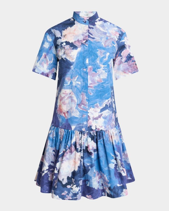 Abstract-Print Short-Sleeve Ruffle Mini Shirtdress
